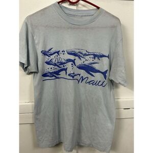 Vintage Maui Whale Print Graphic T-Shirt - Men's Medium - Light Blue Hawaii